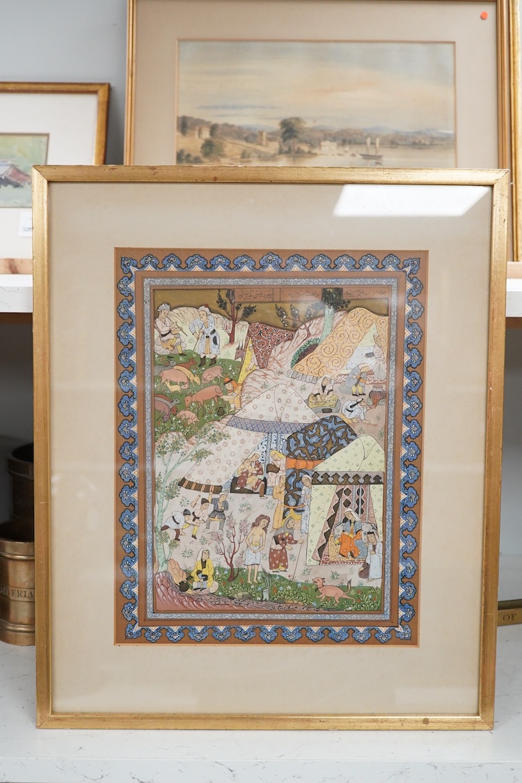 Persian School, Figures and animals before an encampment, gouache together with a pair of Indian School gouaches, Studies of elephants, 22 x 31cm